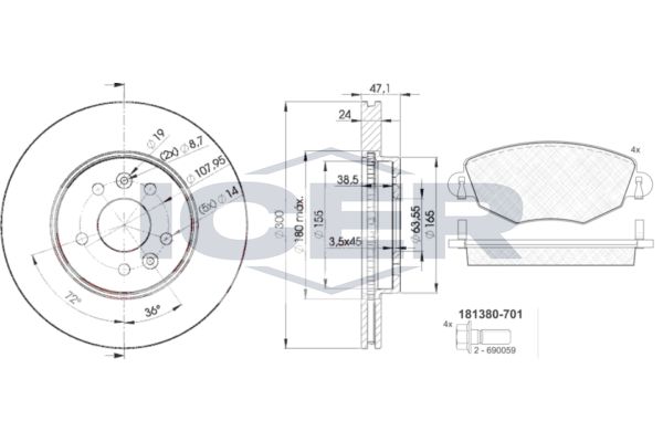 Stabdžių rinkinys, diskiniai stabdžiai ICER 31380-6767