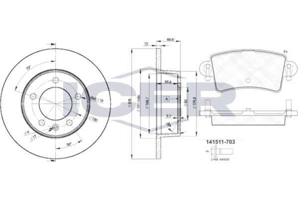 Stabdžių rinkinys, diskiniai stabdžiai ICER 31511-1410