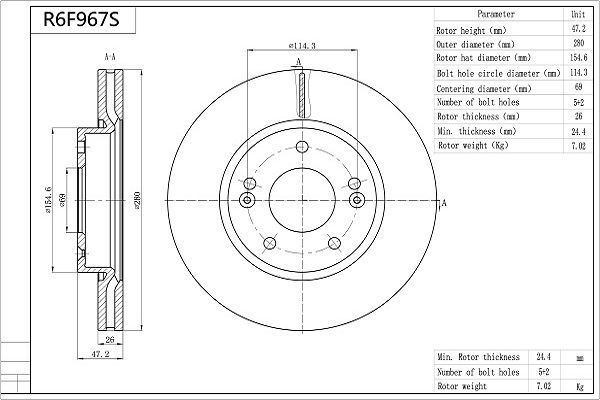 Stabdžių diskas AISIN R6F967S