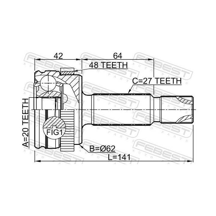 Jungčių komplektas, kardaninis velenas FEBEST 1210-D7A48R