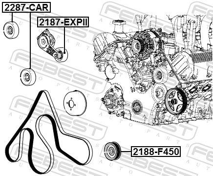 įtempiklio skriemulys, V formos rumbuotas diržas FEBEST 2187-EXPII