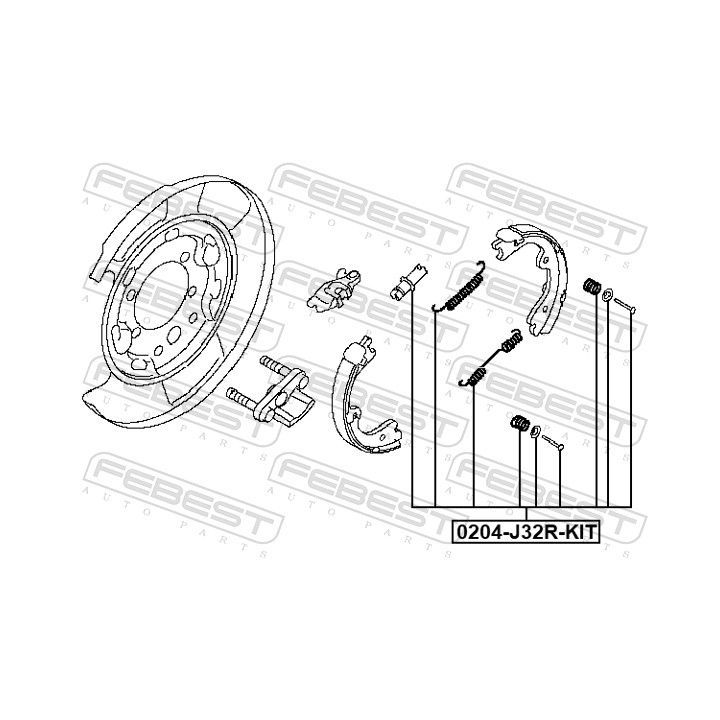 Priedų komplektas, stovėjimo stabdžių trinkelės FEBEST 0204-J32R-KIT