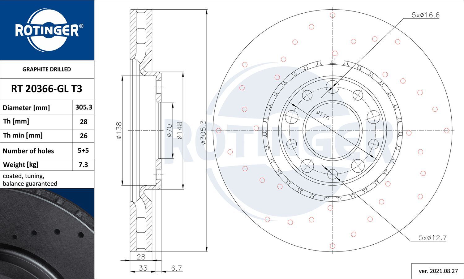 Stabdžių diskas ROTINGER RT 20366-GL T3