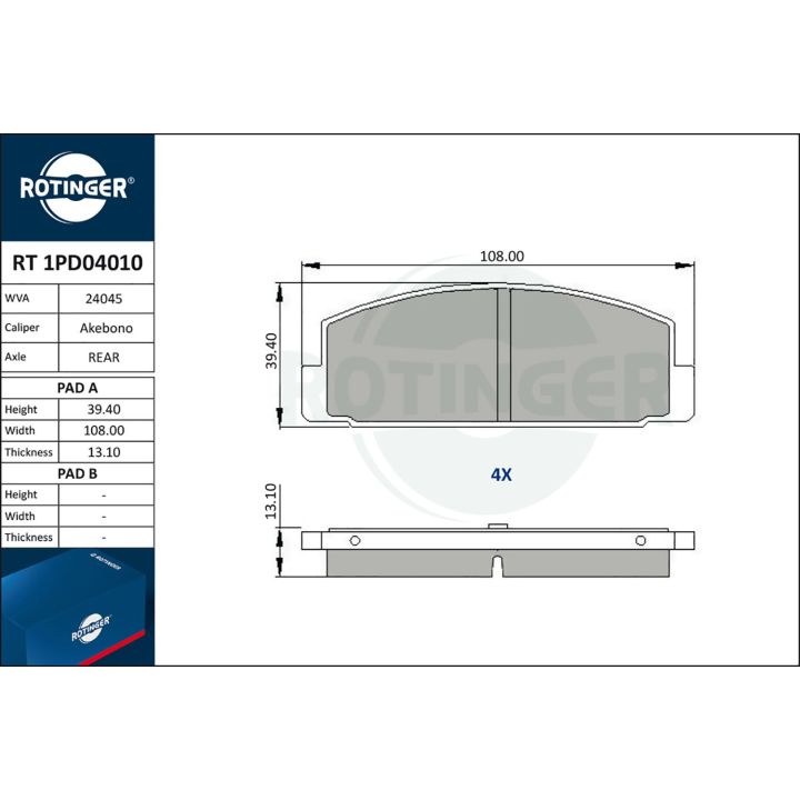 Stabdžių trinkelių rinkinys, diskinis stabdys ROTINGER RT 1PD04010