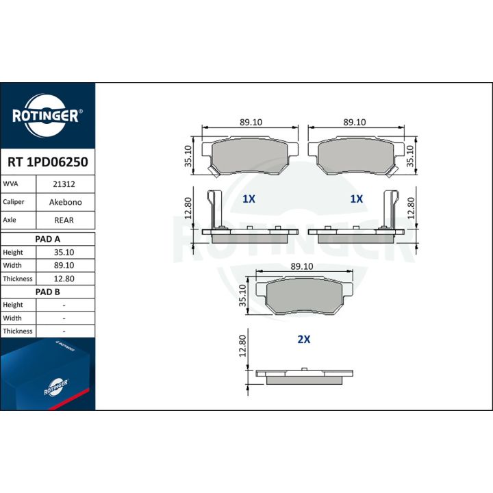 Stabdžių trinkelių rinkinys, diskinis stabdys ROTINGER RT 1PD06250