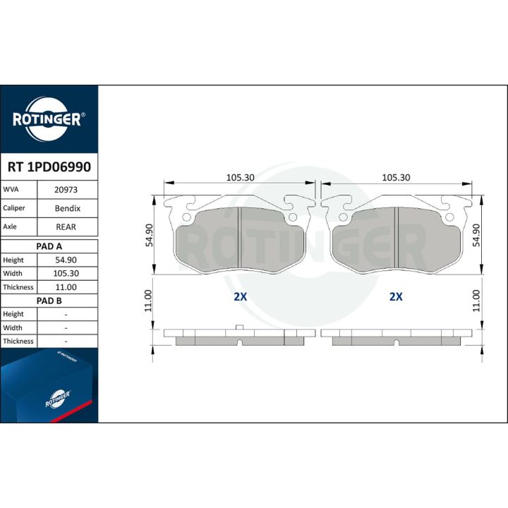 Stabdžių trinkelių rinkinys, diskinis stabdys ROTINGER RT 1PD06990