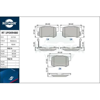 Stabdžių trinkelių rinkinys, diskinis stabdys ROTINGER RT 1PD09480
