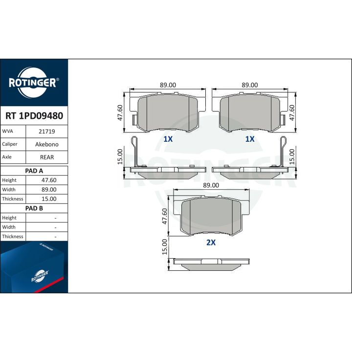 Stabdžių trinkelių rinkinys, diskinis stabdys ROTINGER RT 1PD09480