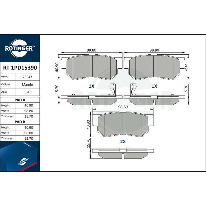 Stabdžių trinkelių rinkinys, diskinis stabdys ROTINGER RT 1PD15390