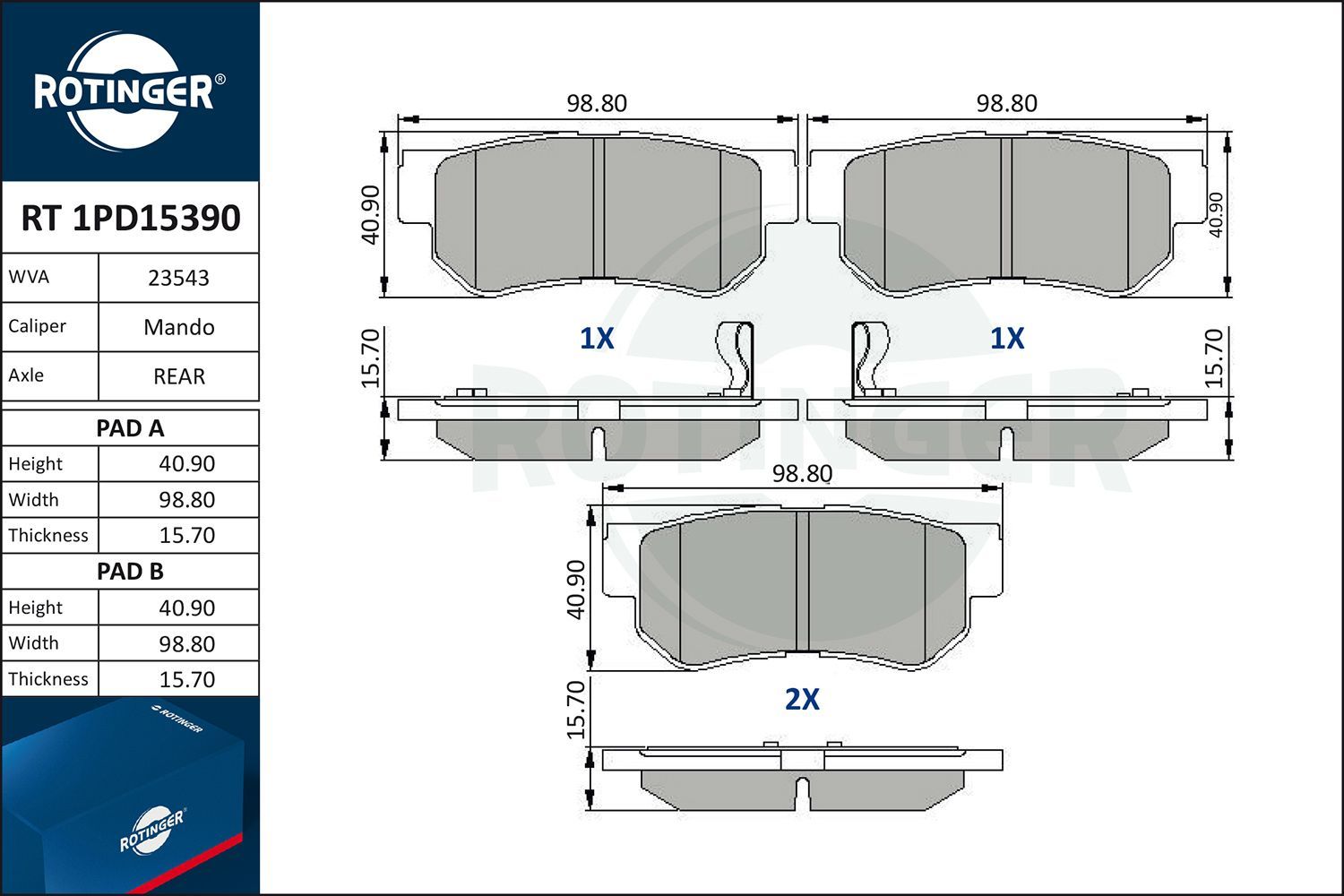 Stabdžių trinkelių rinkinys, diskinis stabdys ROTINGER RT 1PD15390
