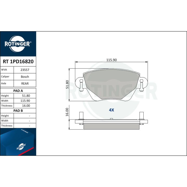 Stabdžių trinkelių rinkinys, diskinis stabdys ROTINGER RT 1PD16820