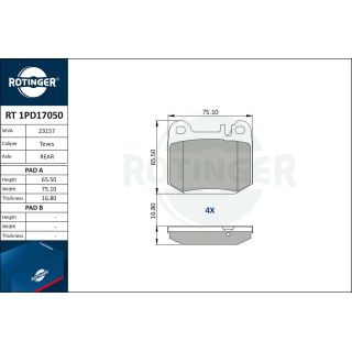 Stabdžių trinkelių rinkinys, diskinis stabdys ROTINGER RT 1PD17050