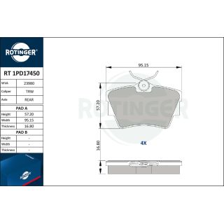 Stabdžių trinkelių rinkinys, diskinis stabdys ROTINGER RT 1PD17450