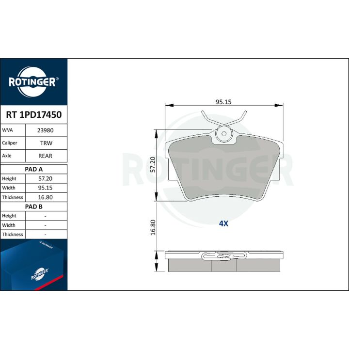 Stabdžių trinkelių rinkinys, diskinis stabdys ROTINGER RT 1PD17450