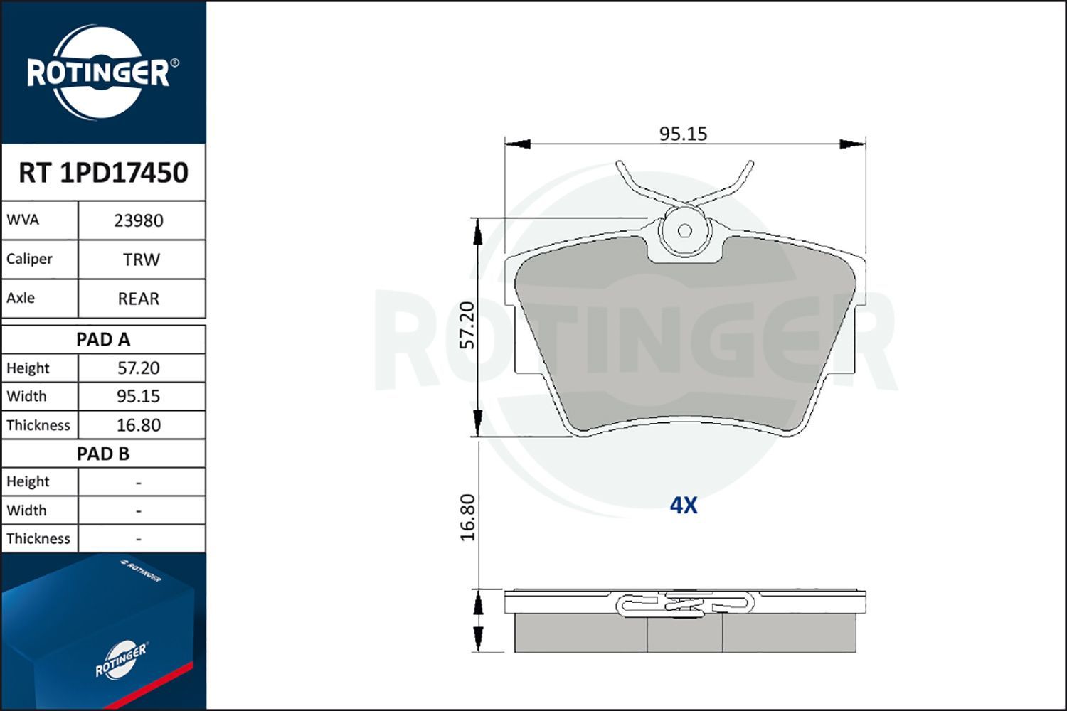 Stabdžių trinkelių rinkinys, diskinis stabdys ROTINGER RT 1PD17450
