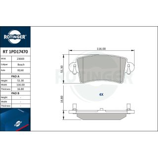 Stabdžių trinkelių rinkinys, diskinis stabdys ROTINGER RT 1PD17470