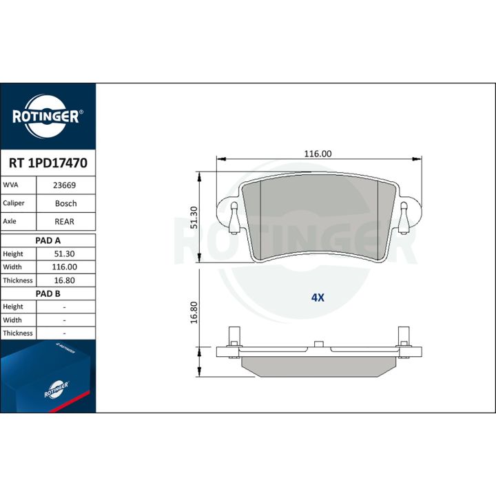 Stabdžių trinkelių rinkinys, diskinis stabdys ROTINGER RT 1PD17470