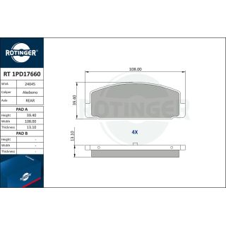 Stabdžių trinkelių rinkinys, diskinis stabdys ROTINGER RT 1PD17660