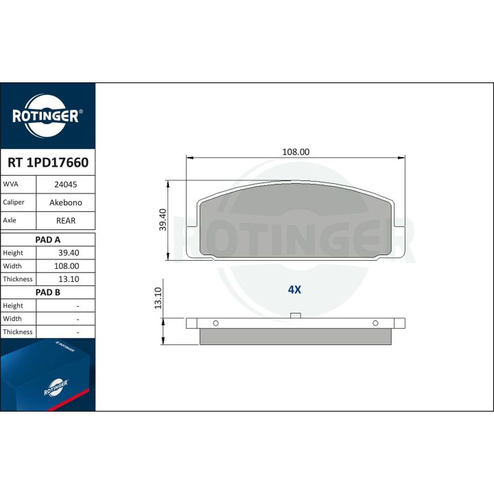 Stabdžių trinkelių rinkinys, diskinis stabdys ROTINGER RT 1PD17660