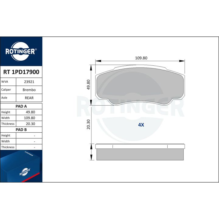 Stabdžių trinkelių rinkinys, diskinis stabdys ROTINGER RT 1PD17900