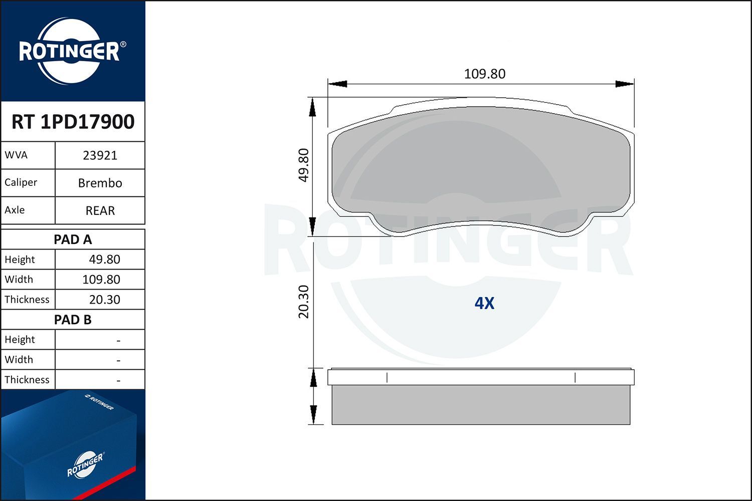 Stabdžių trinkelių rinkinys, diskinis stabdys ROTINGER RT 1PD17900