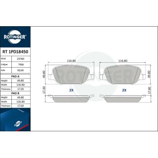 Stabdžių trinkelių rinkinys, diskinis stabdys ROTINGER RT 1PD18450