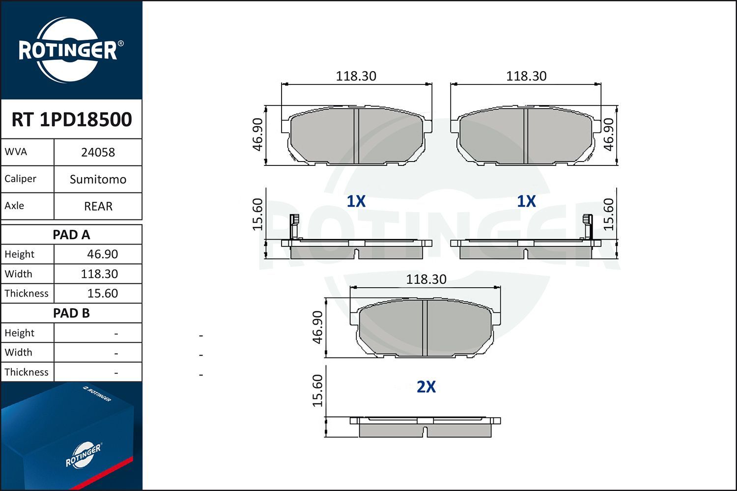 Stabdžių trinkelių rinkinys, diskinis stabdys ROTINGER RT 1PD18500