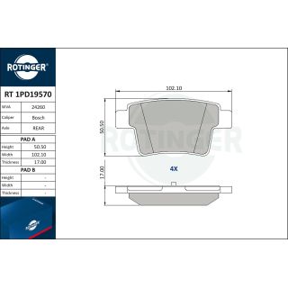 Stabdžių trinkelių rinkinys, diskinis stabdys ROTINGER RT 1PD19570