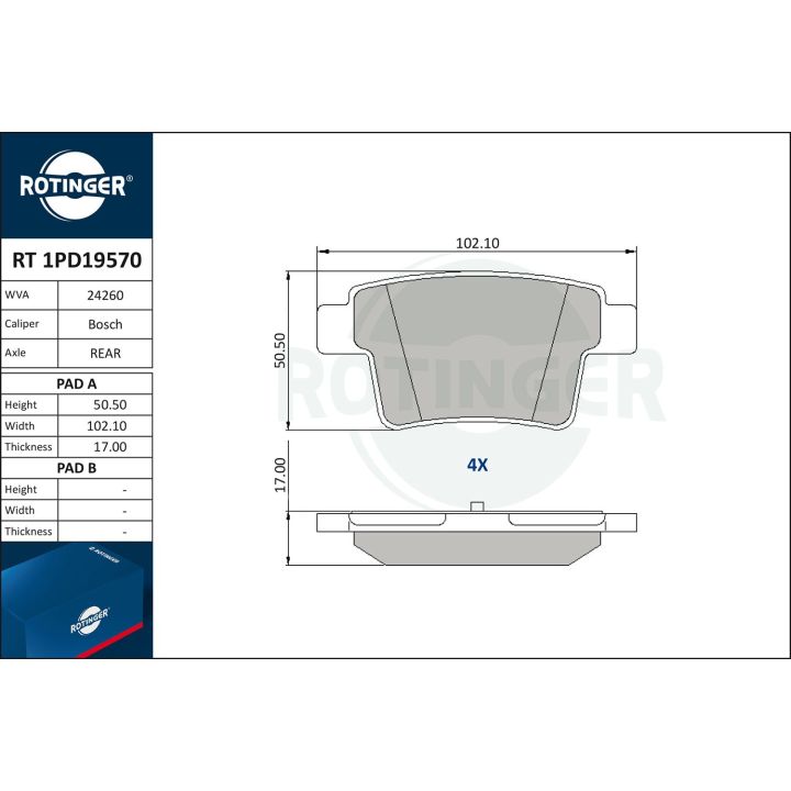 Stabdžių trinkelių rinkinys, diskinis stabdys ROTINGER RT 1PD19570