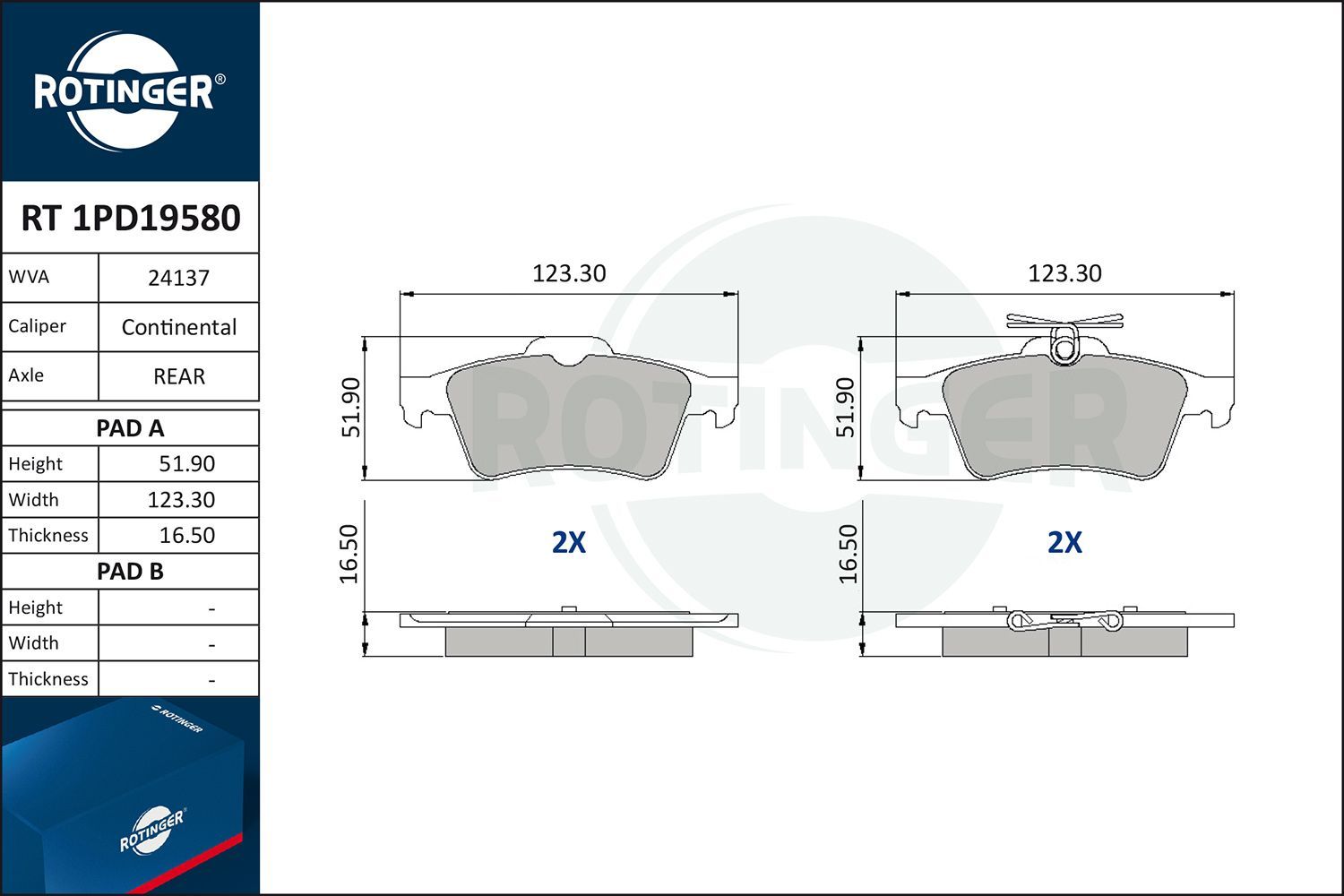 Stabdžių trinkelių rinkinys, diskinis stabdys ROTINGER RT 1PD19580
