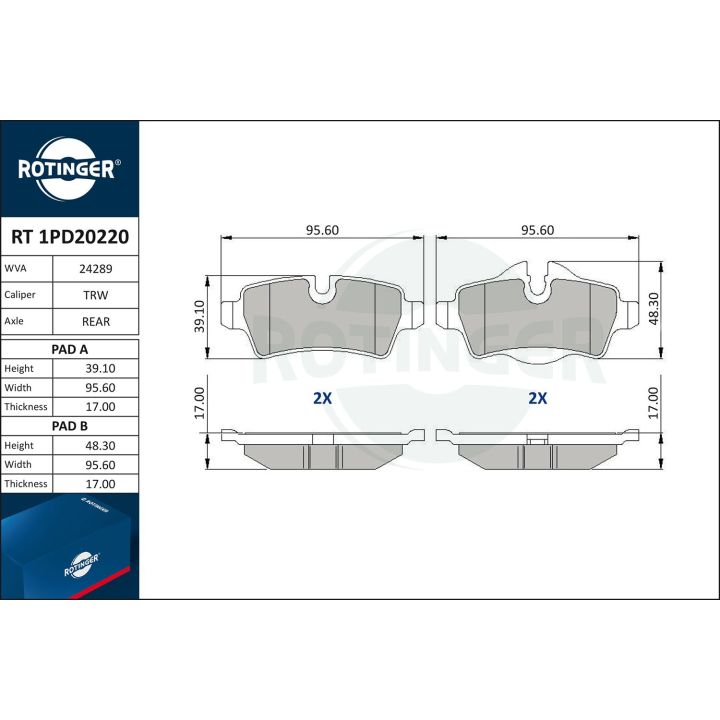 Stabdžių trinkelių rinkinys, diskinis stabdys ROTINGER RT 1PD20220