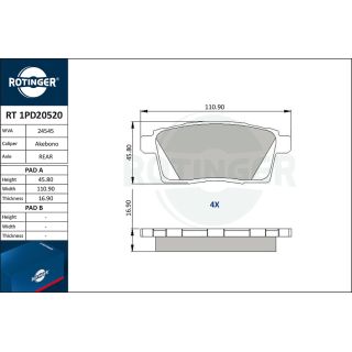 Stabdžių trinkelių rinkinys, diskinis stabdys ROTINGER RT 1PD20520