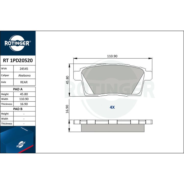 Stabdžių trinkelių rinkinys, diskinis stabdys ROTINGER RT 1PD20520