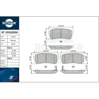Stabdžių trinkelių rinkinys, diskinis stabdys ROTINGER RT 1PD20950