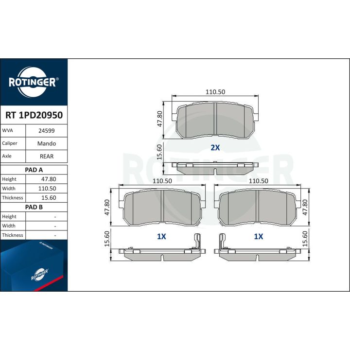 Stabdžių trinkelių rinkinys, diskinis stabdys ROTINGER RT 1PD20950