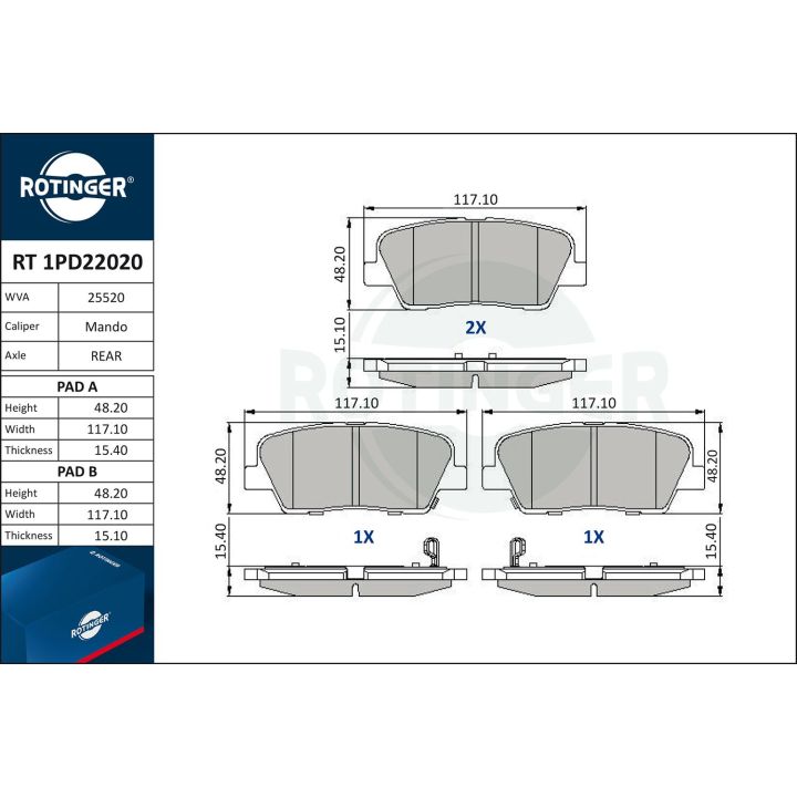 Stabdžių trinkelių rinkinys, diskinis stabdys ROTINGER RT 1PD22020