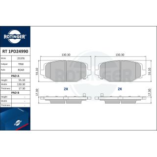 Stabdžių trinkelių rinkinys, diskinis stabdys ROTINGER RT 1PD24990