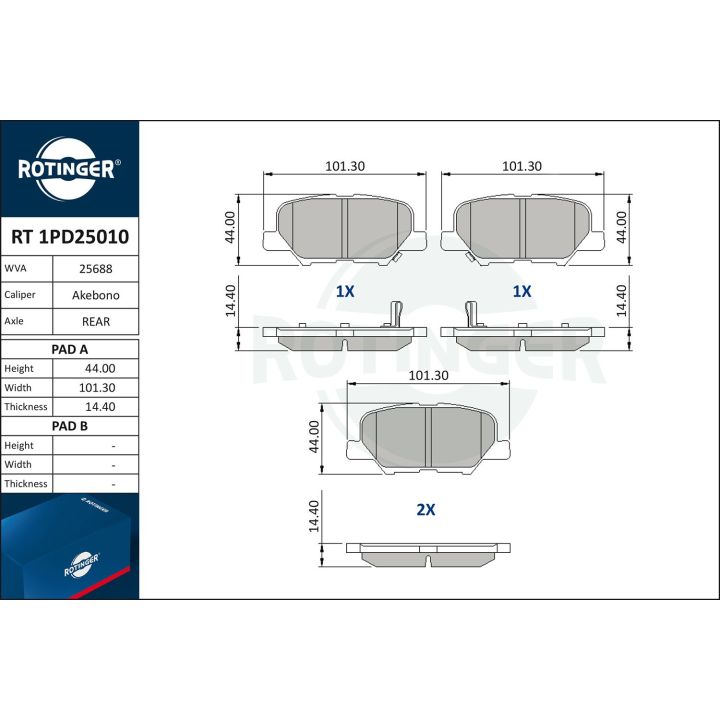 Stabdžių trinkelių rinkinys, diskinis stabdys ROTINGER RT 1PD25010