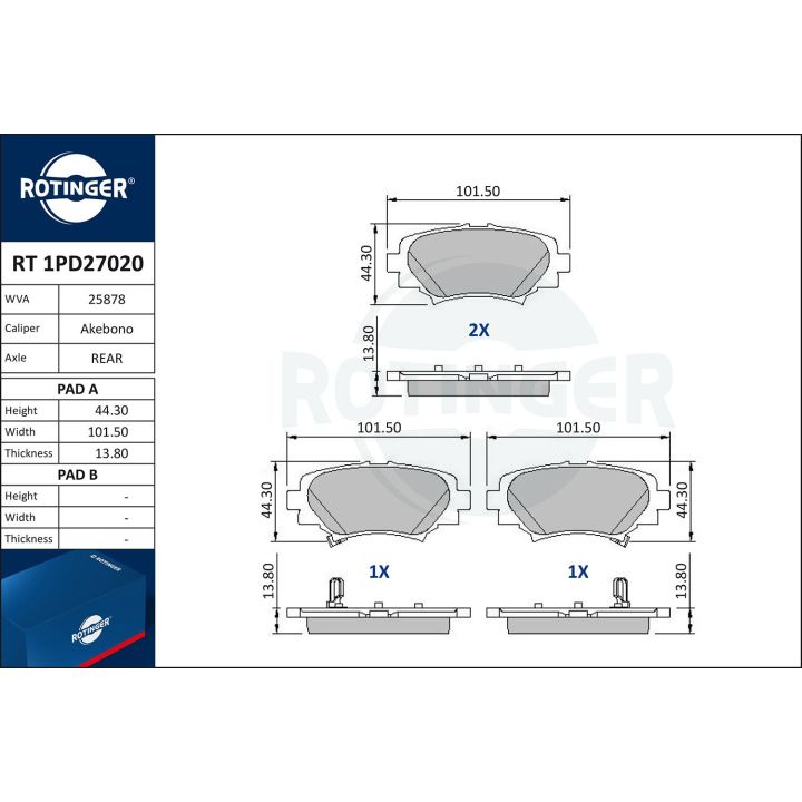 Stabdžių trinkelių rinkinys, diskinis stabdys ROTINGER RT 1PD27020