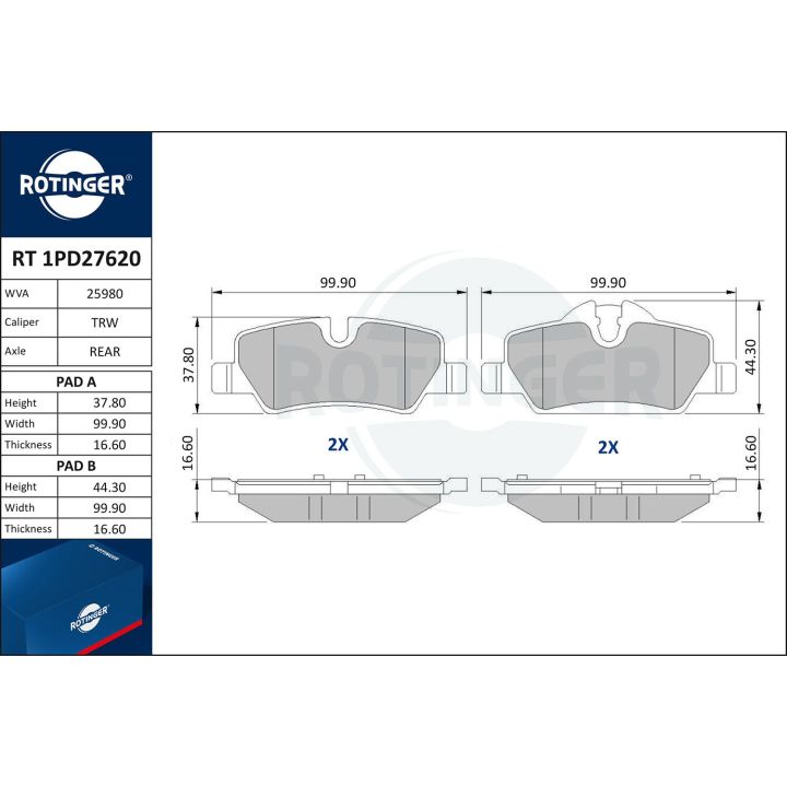 Stabdžių trinkelių rinkinys, diskinis stabdys ROTINGER RT 1PD27620