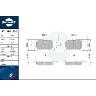 Stabdžių trinkelių rinkinys, diskinis stabdys ROTINGER RT 1PD31550