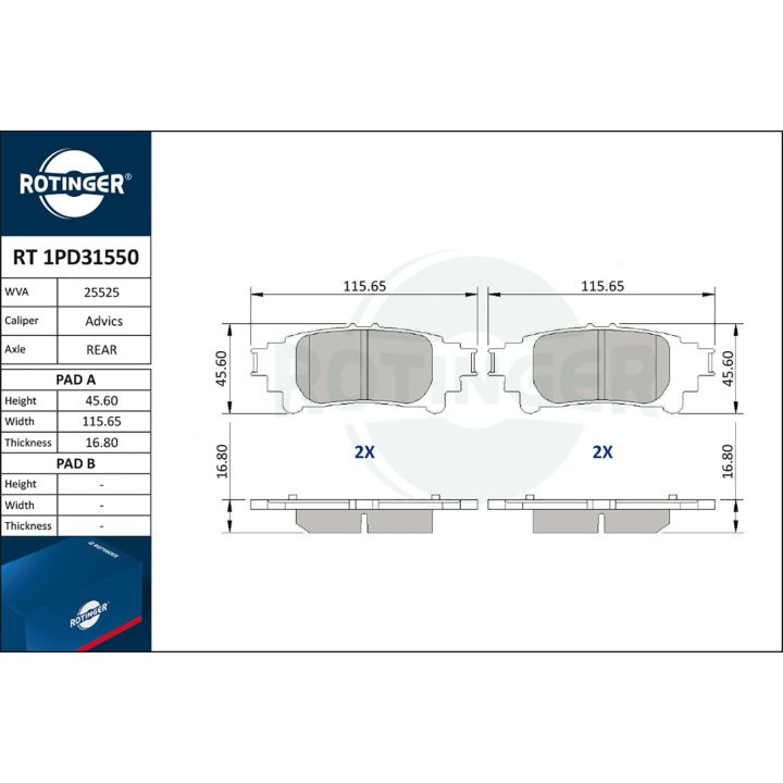 Stabdžių trinkelių rinkinys, diskinis stabdys ROTINGER RT 1PD31550