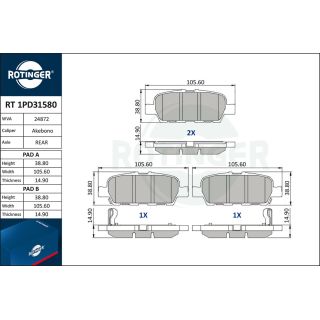 Stabdžių trinkelių rinkinys, diskinis stabdys ROTINGER RT 1PD31580