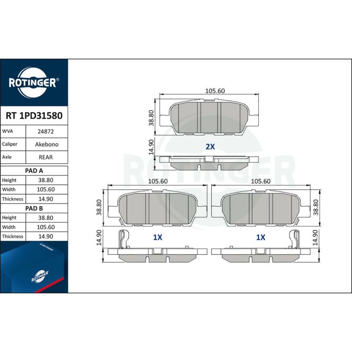 Stabdžių trinkelių rinkinys, diskinis stabdys ROTINGER RT 1PD31580