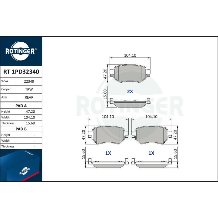 Stabdžių trinkelių rinkinys, diskinis stabdys ROTINGER RT 1PD32340