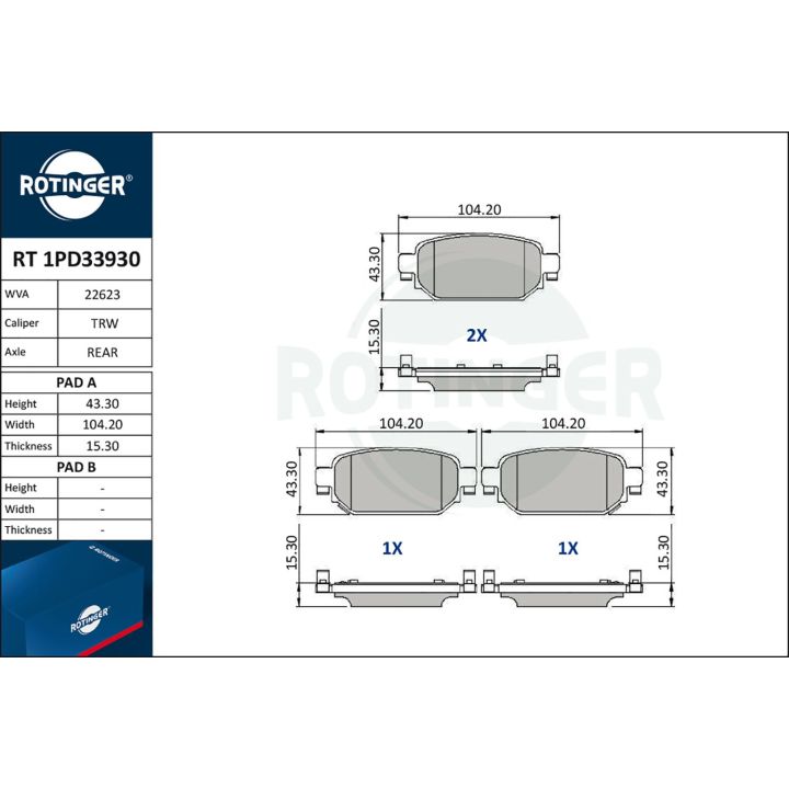 Stabdžių trinkelių rinkinys, diskinis stabdys ROTINGER RT 1PD33930