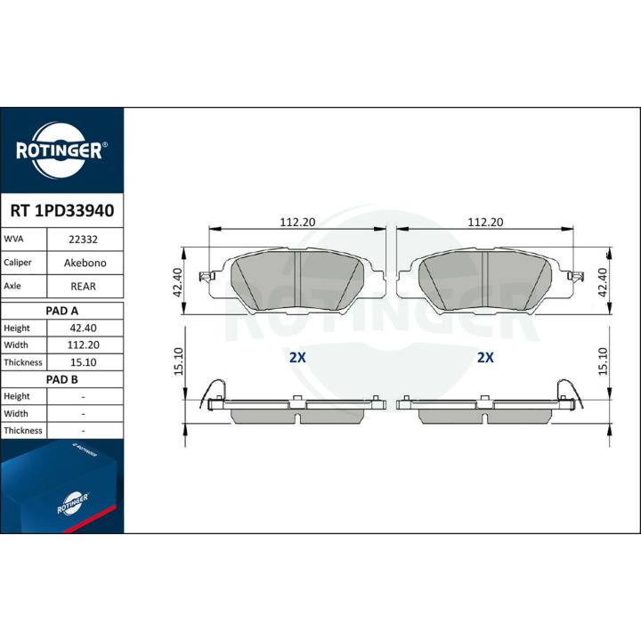 Stabdžių trinkelių rinkinys, diskinis stabdys ROTINGER RT 1PD33940