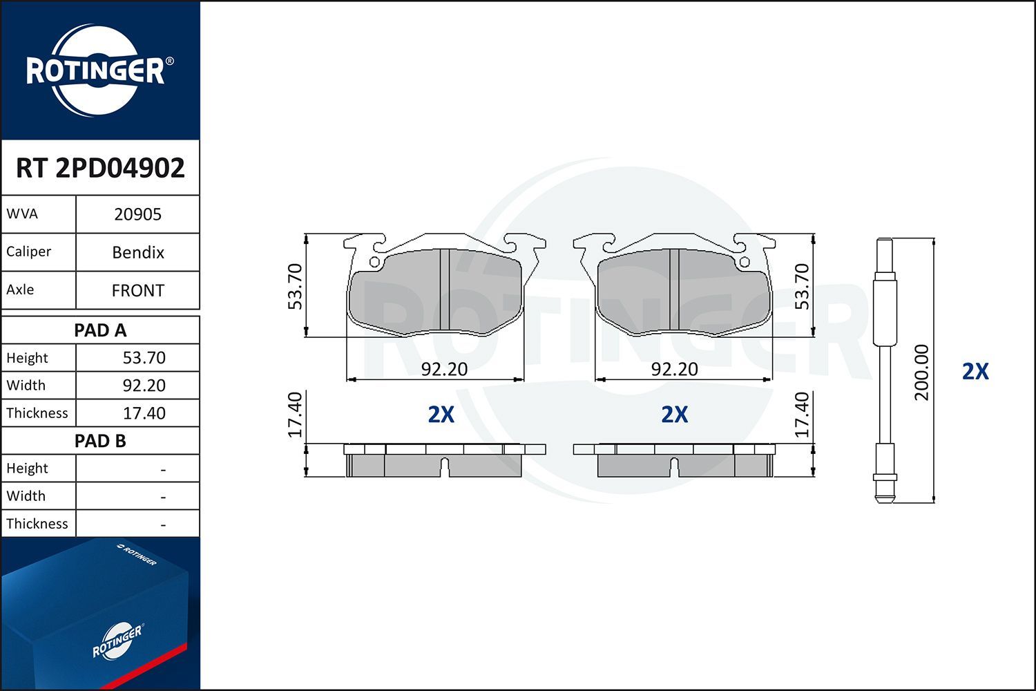 Stabdžių trinkelių rinkinys, diskinis stabdys ROTINGER RT 2PD04902