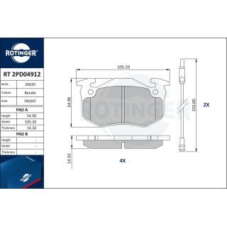 Stabdžių trinkelių rinkinys, diskinis stabdys ROTINGER RT 2PD04912