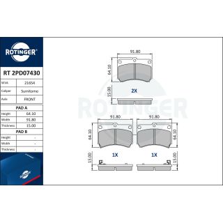 Stabdžių trinkelių rinkinys, diskinis stabdys ROTINGER RT 2PD07430